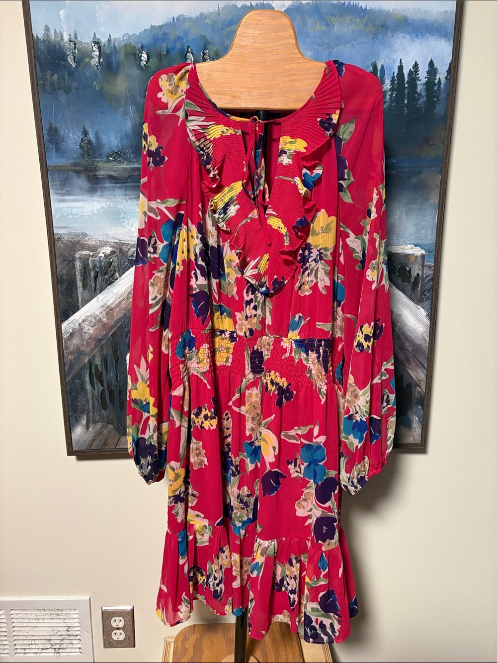 Ralph Lauren Fuchsia Floral Ruffle Long-Sleeve Dress